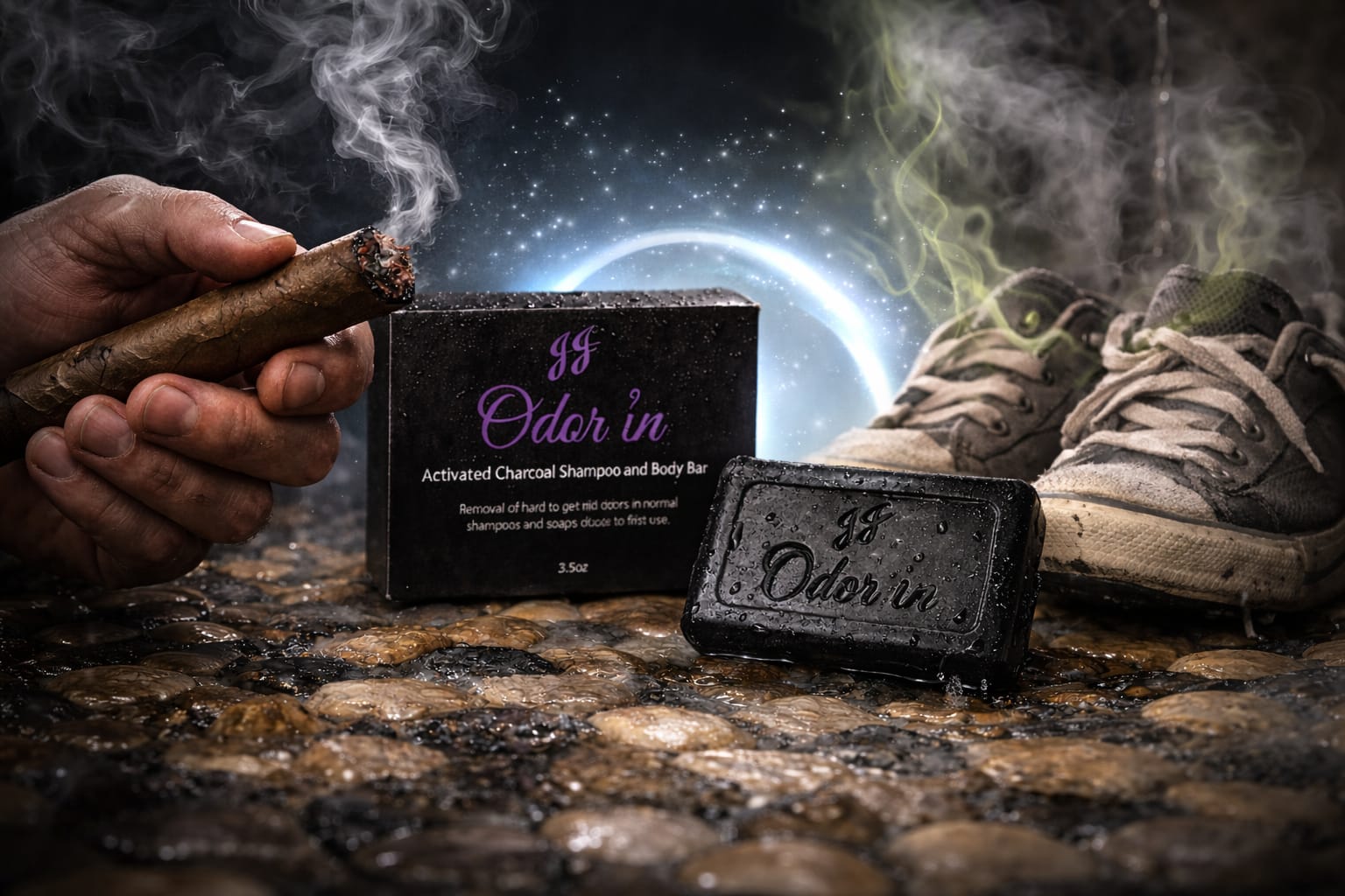 JJ Odor In activated charcoal bar with box, cigar and worn sneakers